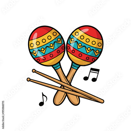 Maracas vector illustration with crisp sharp outlines, vibrant saturated colors and refined cel shading on clean background with copy space