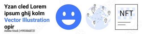 Digital assets, globalization, blockchain, online connectivity, tech interfaces, network visualization. Blue happy face, world map with markers NFT document. Blockchain and globalization concept