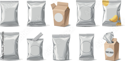 Snack packaging mockup collection with foil bags takeaway box and plastic pouch templates blank product package vector set