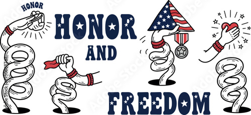 A patriotic illustration featuring snakes and hands holding symbols of honor and freedom