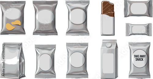 Snack packaging mockup set with foil bags plastic pouches chocolate bar and takeaway food package templates vector