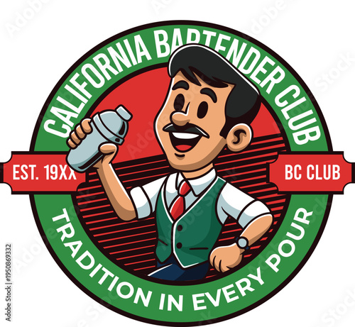 Vintage detailed circular mascot logo poster for California Bartender Club featuring a happy bartender with a cocktail shaker