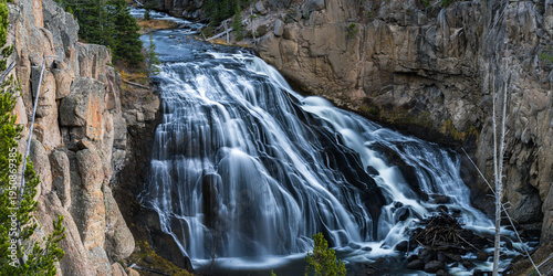 Majestic Cascading Waterfall in Yellowstone National Park, Montana Rocky Mountain Wilderness