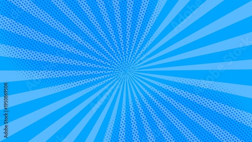 Cute cartoon comic abstract background of blue gradient sun rays with halftone dot element