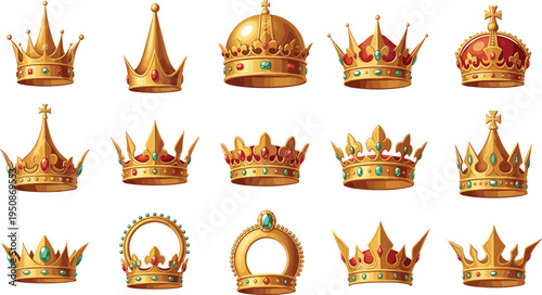 Gemstones Luxury King and Queen Tiara Icons Medieval Monarchy Jewelry Symbols Isolated on Transparent Background