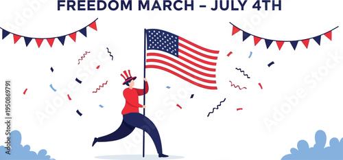 A cartoon man proudly holds an American flag during a festive Freedom March on July 4th.
