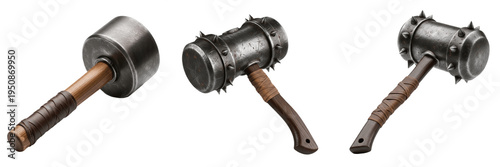Quadro su tela Set of Three Medieval War Hammers and Maces - Heavy Iron Bludgeoning Weapons with Spiked Heads and Leather Wrapped Handles for Fantasy Combat, Historical Cosplay, and RPG Gaming Assets