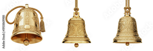 Set of Three Ornate Golden Bells - Decorative Vintage Brass Handbells with Intricate Floral Engravings and Tassel Accents for Wedding Decor, Holiday Celebrations, and Elegant Home.