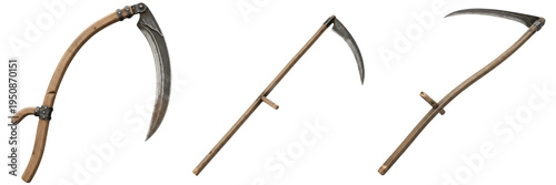 Фотография Set of Three Medieval Scythes Isolated on White Background: Sharp Curved Steel Blades with Long Wooden Handles for Agriculture, Harvesting, and Fantasy Grim Reaper Character Design
