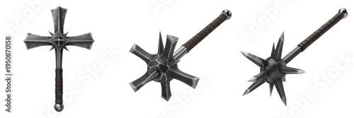 Set of Three Medieval Flanged Maces and Morning Star Bludgeons Isolated on White Background: Heavy Steel Spiked Clubs with Leather Wrapped Handles for Fantasy Warrior and Battle Art.