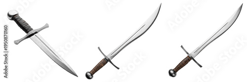 Bild auf Leinwand Set of Three Medieval Swords and Daggers Isolated on White Background: Sharp Steel Longsword and Curved Sabers with Detailed Pommels and Guards for Fantasy Warrior and History Themes