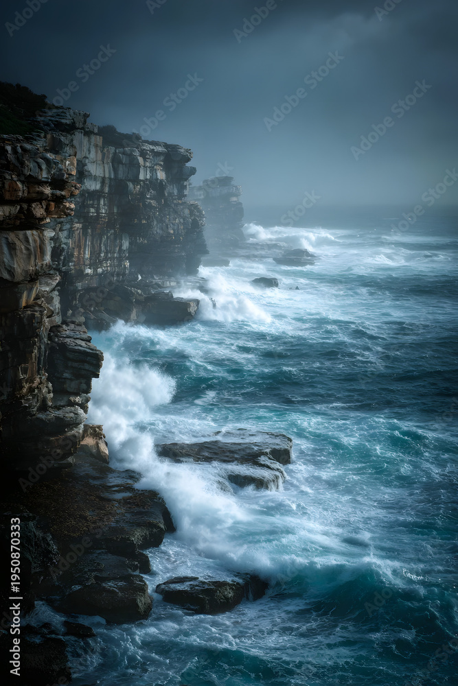 Fototapeta premium ocean cliff wave storm coast rock sea dramatic seascape spray turbulent rugged cloudy dark nature landscape shoreline erosion mist foam water