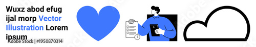 Technology, connectivity, digital communication, cloud computing, healthcare, organization. Blue heart, person with clipboard and cloud shape are . Technology and connectivity concept
