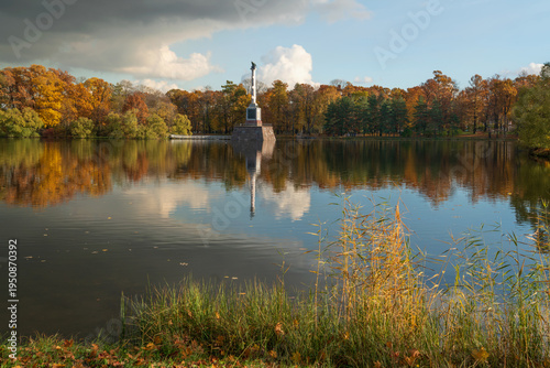 The Chesme Column in the center of the Great Pond in the Catherine Park of Tsarskoye Selo on a sunny autumn day, Pushkin, Saint Petersburg, Russia