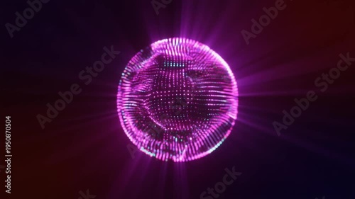 Glowing purple disco ball with pink light rays on dark background