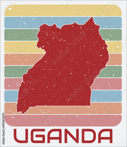 Uganda vintage logo. Shape of the country on retro colored stripes background. Uganda map design with grunge scratch texture. Vector illustration.