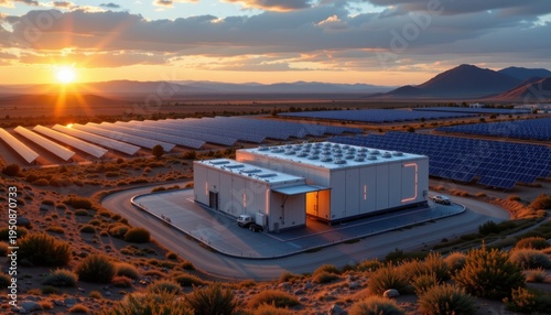 Innovative zinc-air battery storage facility desert landscape architectural marvel sunrise view future energy concept