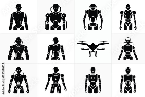 Robot and drone silhouettes in various poses on white background