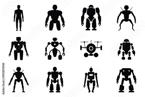 Black silhouettes of various robots and humanoid figures in different poses on white