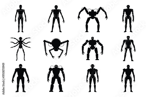 Black silhouettes of humanoid and spider like creatures on white background for design