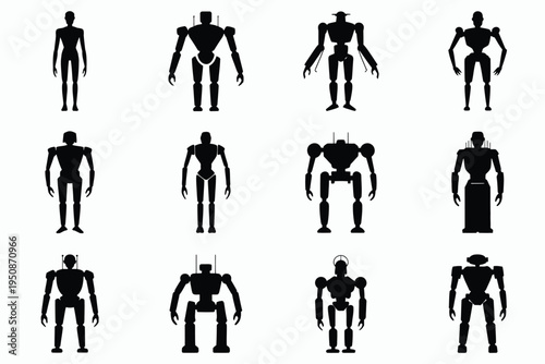 Black silhouettes of 12 humanoid robots in various poses on white background