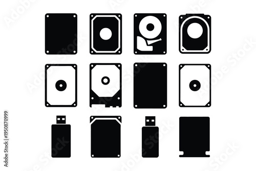 Various computer storage devices icons including hard drives and usb flash drives on white