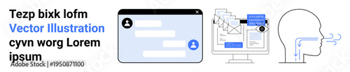 Digital communication, virtual messaging, email systems, online interaction, voice recognition, tech interface. Messaging and email layout with human head focusing on voice. Digital communication