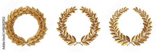 Foto Elegant Set of 3 Golden Laurel Wreath Ornaments - Ornate Metallic Olive Leaf Cro