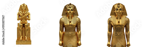 Tableau sur toile Set of 3 Golden Egyptian Pharaoh Statues - Majestic King Tutankhamun & Ramses Fi