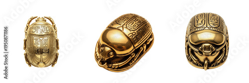 Cuadro en lienzo Set of 3 Golden Egyptian Scarab Beetle Statues - Ornate Antique Style Talisman F