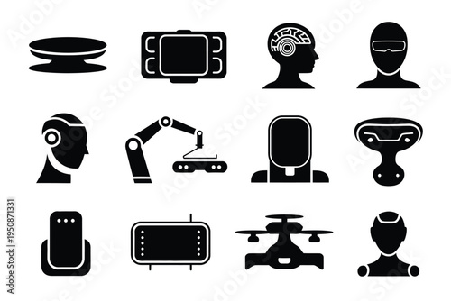 Black icons of futuristic technology and robotics on white background