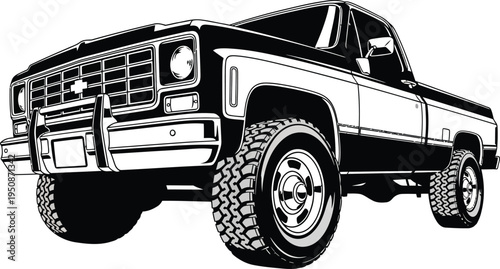 Vintage Black and White Pickup Truck Illustration.