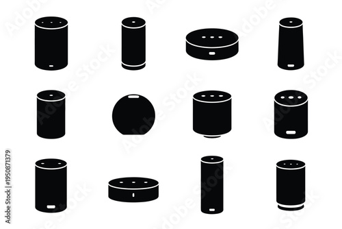 Black cylindrical objects and shapes in various orientations on white background