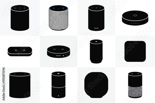 Smart speakers and voice assistants in various designs and shapes on white background