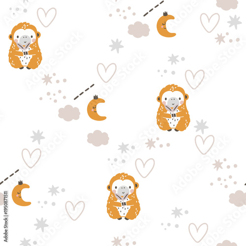 A charming, seamless children's pattern featuring animals and nature motifs. A hand-drawn floral pattern depicting animals, clouds, leaves, and nature against a white background.
