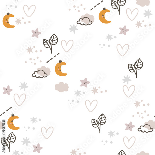 A charming, seamless children's pattern featuring animals and nature motifs. A hand-drawn floral pattern depicting animals, clouds, leaves, and nature against a white background.