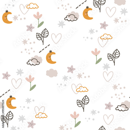 A charming, seamless children's pattern featuring animals and nature motifs. A hand-drawn floral pattern depicting animals, clouds, leaves, and nature against a white background.
