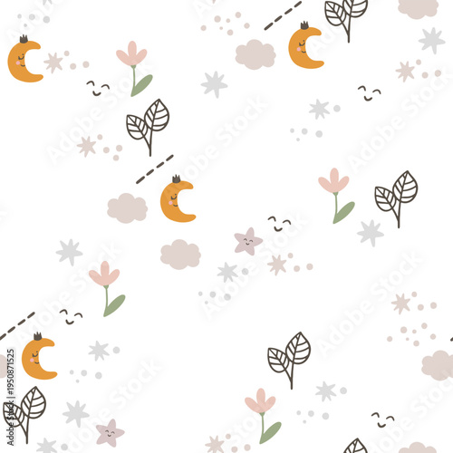 A charming, seamless children's pattern featuring animals and nature motifs. A hand-drawn floral pattern depicting animals, clouds, leaves, and nature against a white background.