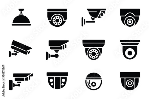 Black and white cctv camera icons set for security and surveillance