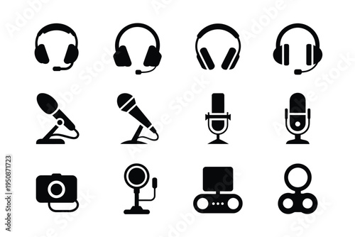Black icons set of audio recording equipment and headsets for podcasting and broadcasting