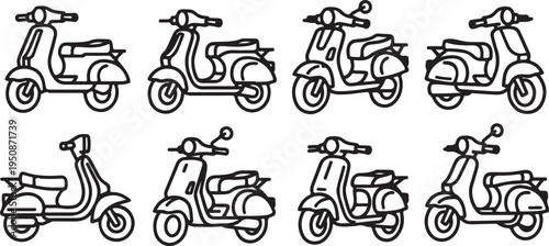 Eight distinct vintage scooter illustrations showcasing various designs and styles Vector