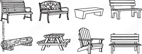 Illustrations of various types of outdoor seating and picnic furniture Vector