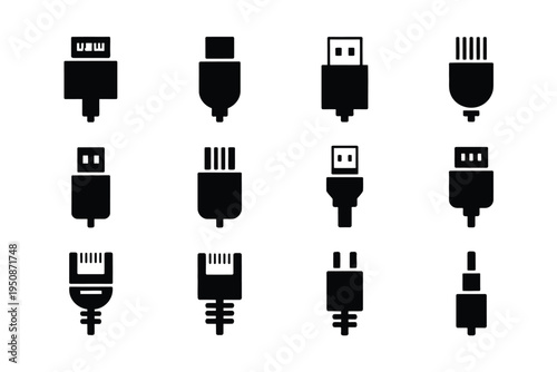 Various usb connector types and plugs on white background