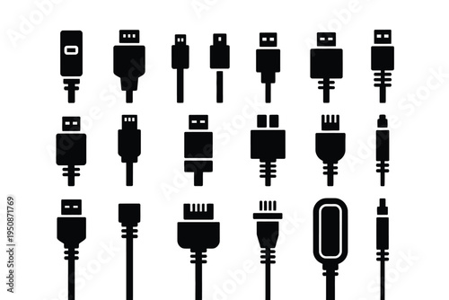 Various electronic device connectors and cables on white background