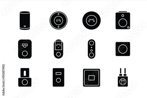Black smart home devices icons set with white outlines on white background for automation