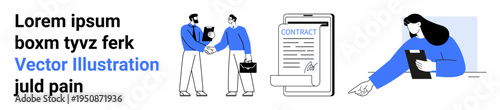 Business interactions, legal documents, teamwork, communication, partnership, digital agreements. Two individuals shaking hands, contract file person reading. Business interactions and legal