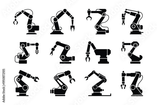 Industrial robotic arms in various positions and actions on white background