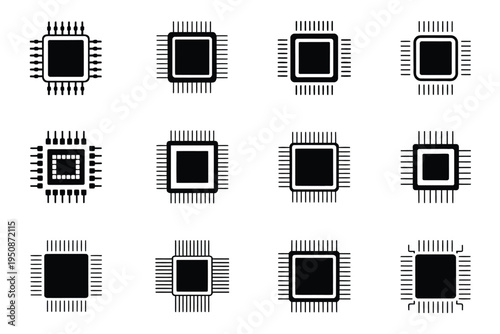 Microchip icons set black and white electronic symbols circuit board elements