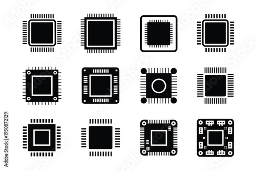 Microchip cpu icons set black and white electronic circuit board symbols