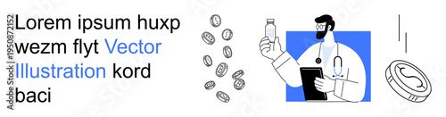 Health care, pharmaceutical industry, economy, investment, digital currency, medicine. Doctor holding a bottle with surrounding coins. Health care and pharmaceutical industry concepts